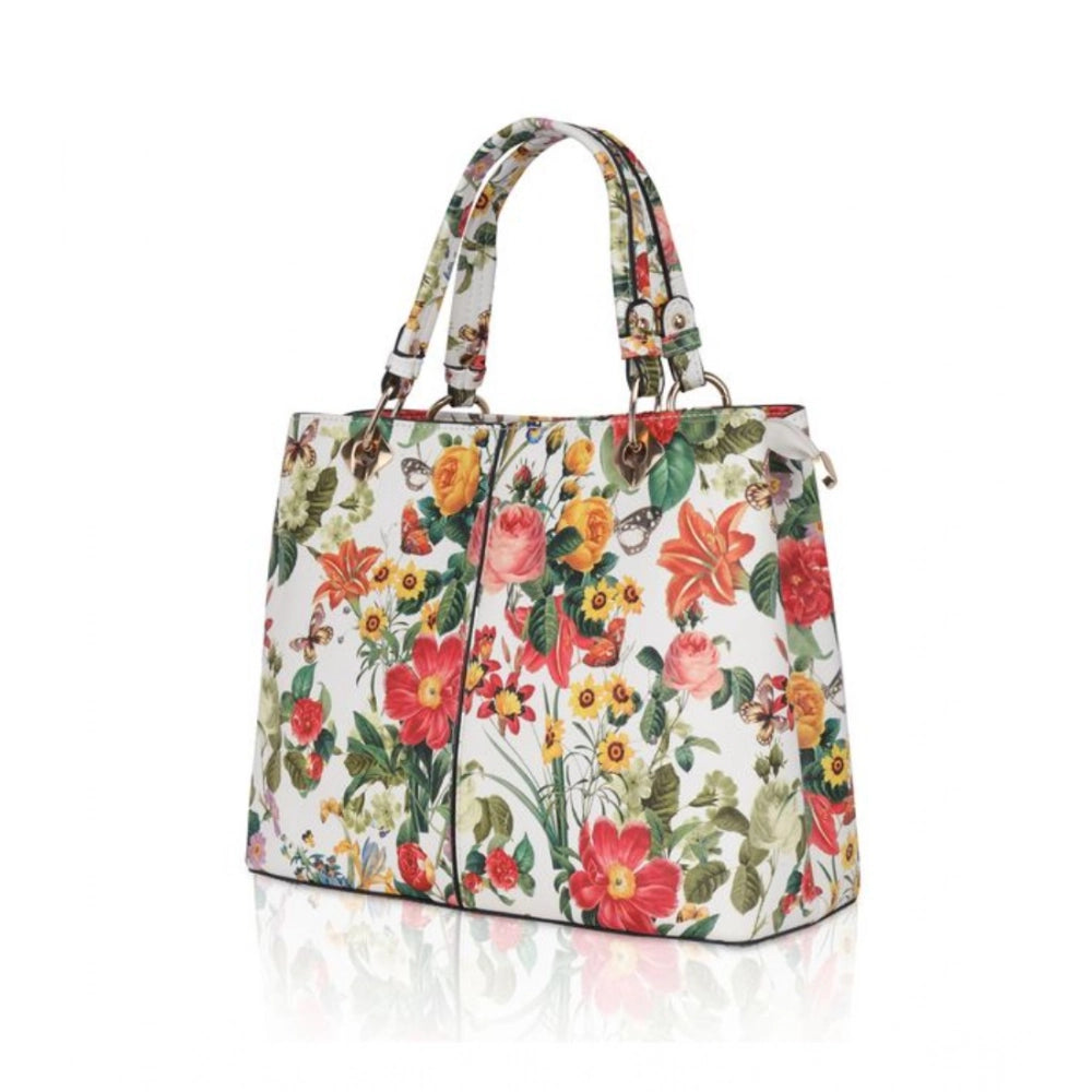 Women's Faux Leather Printed Handheld Bag (White Orang)