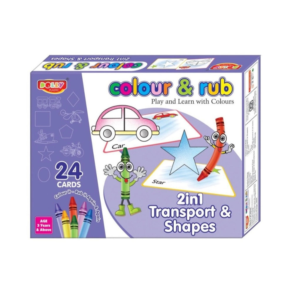 Shapes Colour And Rub With 24 Cards - 2 in 1 Transport| Cardboard | Educational Toys | 3+ Years