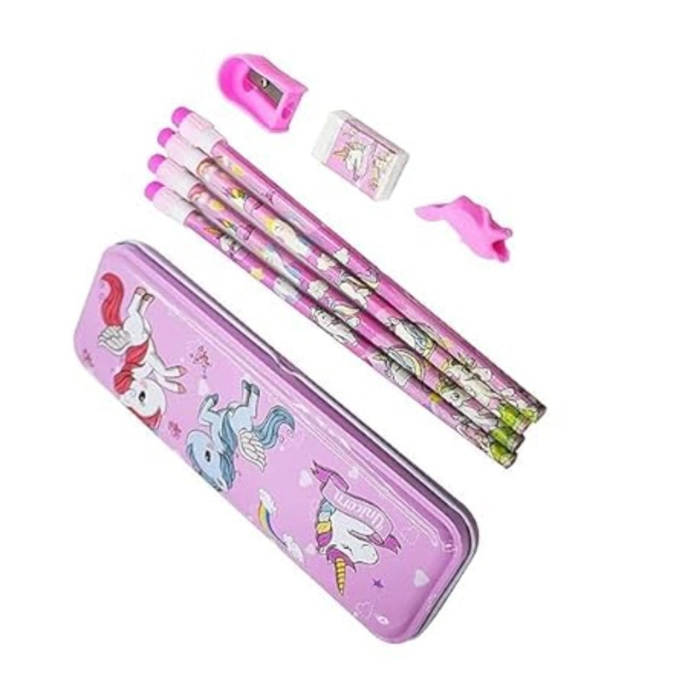 Unicorn Metal Pencil Box  ( 8_Pcs Set ) With 4 Pencils, 1 Sharpner, 1 Eracer And 1 Pencil Cap| Metal Box| Stationery | 3+ Years