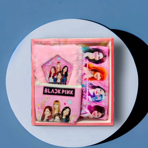 Black Pink BTS Stationery Set (3 in1) With 2 Pouchs And 1 Packet Dairy | Soft Furr | Stationery | 5+ Years