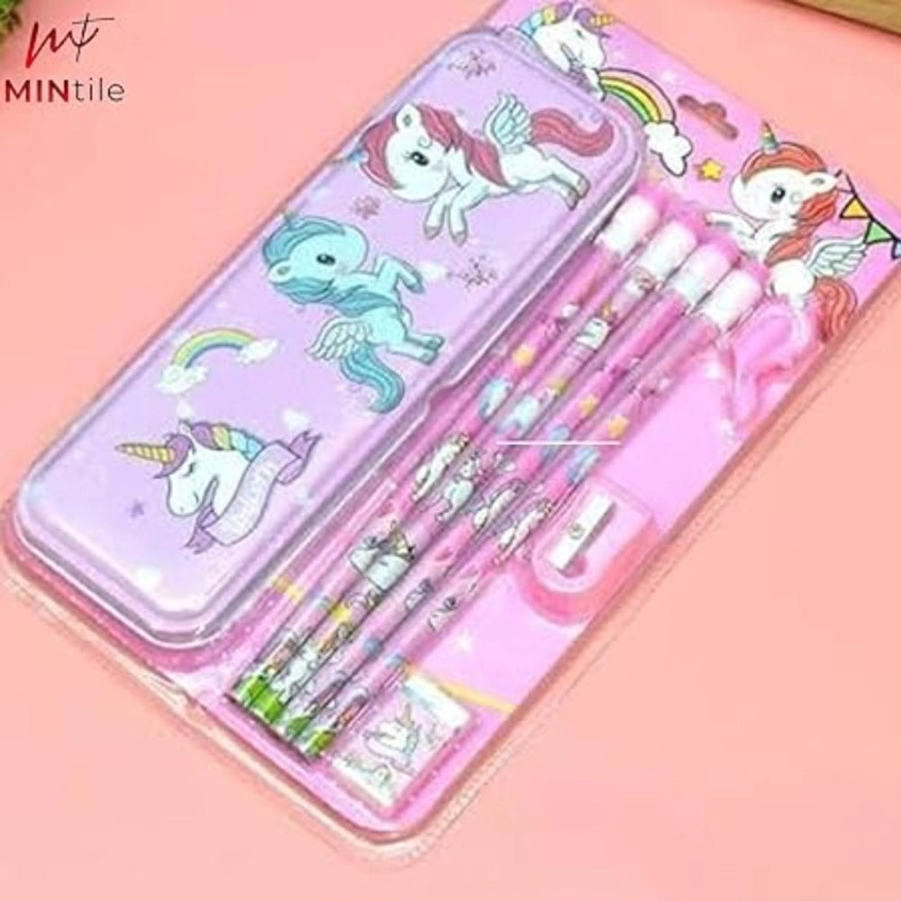 Unicorn Metal Pencil Box  ( 8_Pcs Set ) With 4 Pencils, 1 Sharpner, 1 Eracer And 1 Pencil Cap| Metal Box| Stationery | 3+ Years