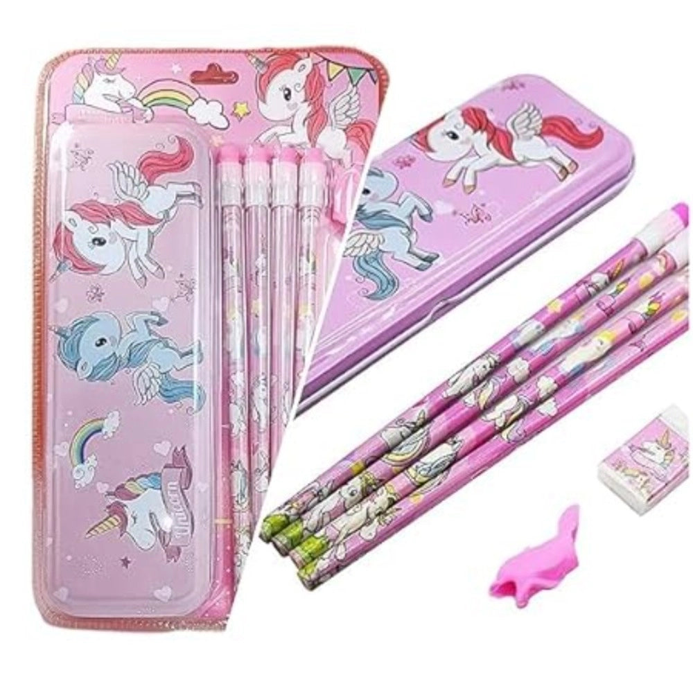 Unicorn Metal Pencil Box  ( 8_Pcs Set ) With 4 Pencils, 1 Sharpner, 1 Eracer And 1 Pencil Cap| Metal Box| Stationery | 3+ Years