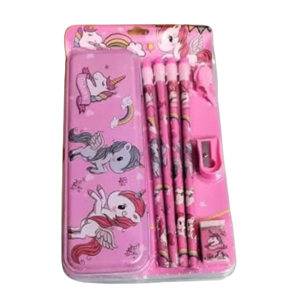 Unicorn Metal Pencil Box  ( 8_Pcs Set ) With 4 Pencils, 1 Sharpner, 1 Eracer And 1 Pencil Cap| Metal Box| Stationery | 3+ Years