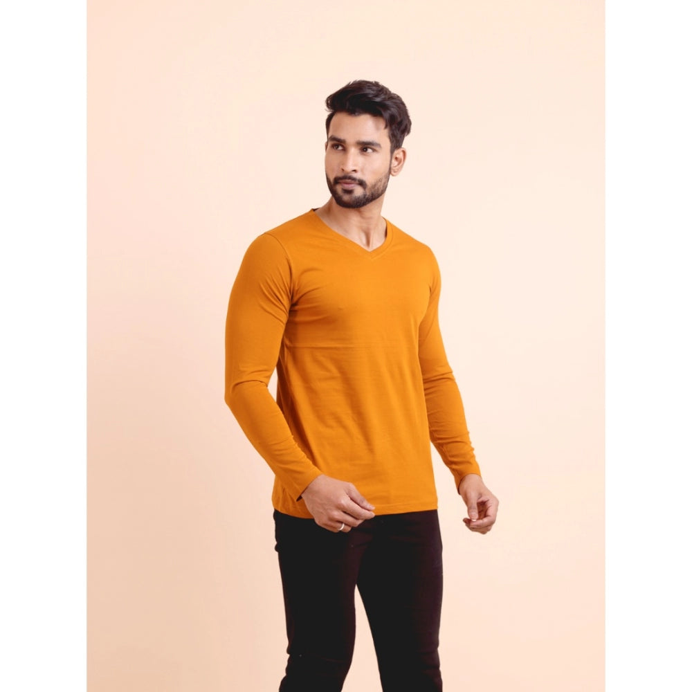 HamariDookan Men's Casual Cotton Solid V Neck Full Sleeve T-Shirt  (Mustard)