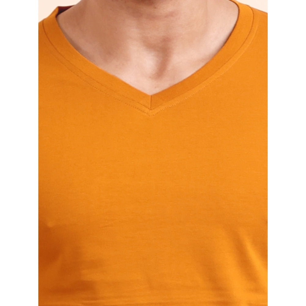 HamariDookan Men's Casual Cotton Solid V Neck Full Sleeve T-Shirt  (Mustard)