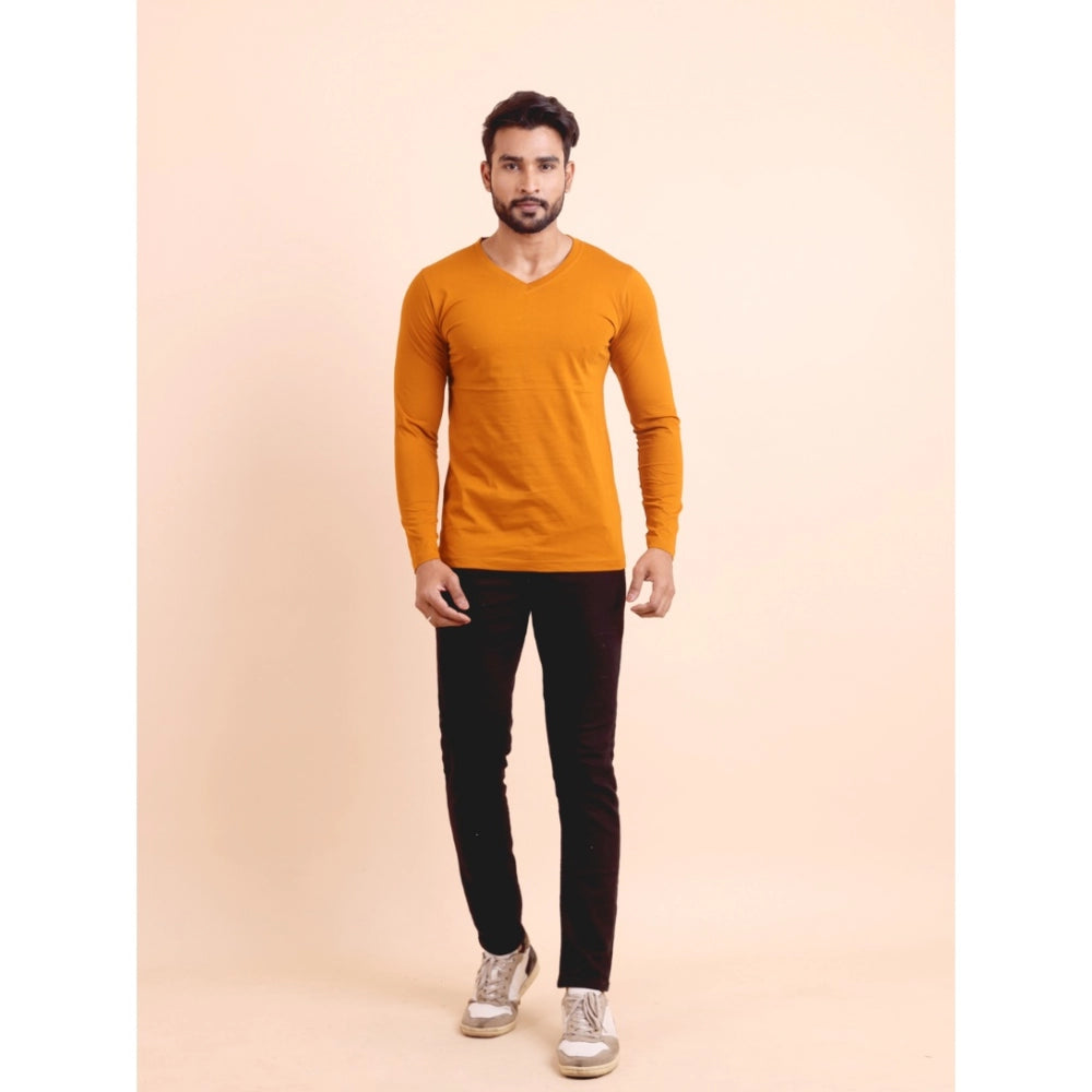 HamariDookan Men's Casual Cotton Solid V Neck Full Sleeve T-Shirt  (Mustard)