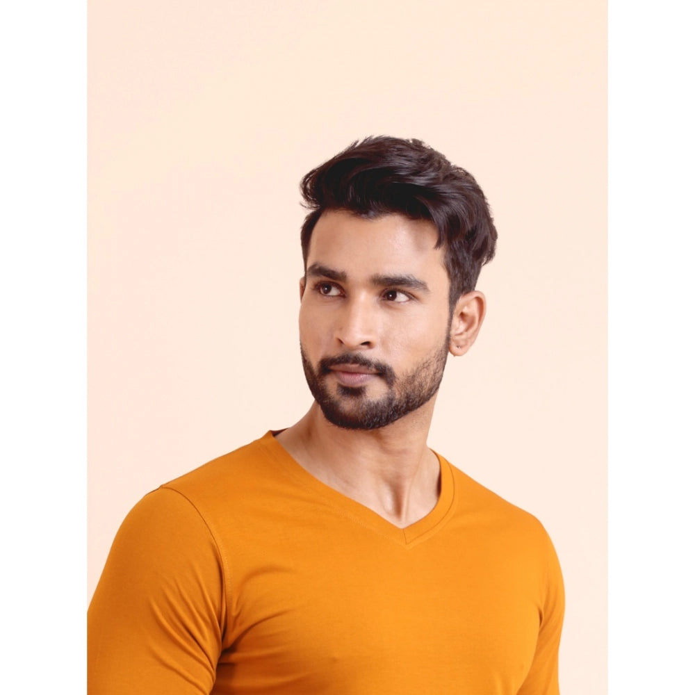 HamariDookan Men's Casual Cotton Solid V Neck Full Sleeve T-Shirt  (Mustard)