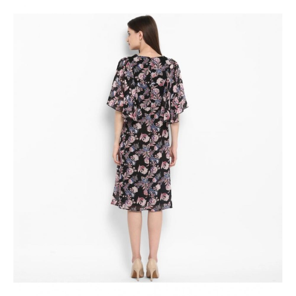 HD Women's Polyester Floral Short Sleeve Knee-Length Dress (Black - Multicolor)