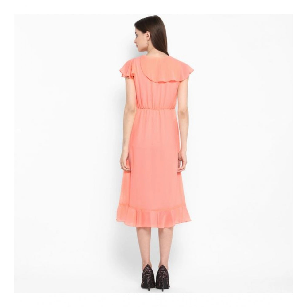 HD Women's Polyester Ruffled Cap Sleeve Below Knee Dress (Neon Pink)