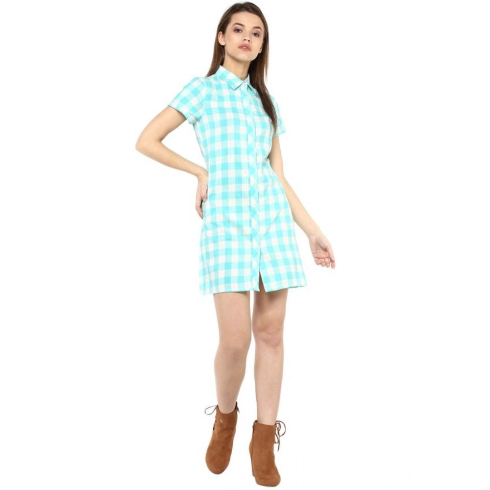 HD Women's Rayon Checkered Short Sleeve Above Knee Dress (SkuBlue - White)