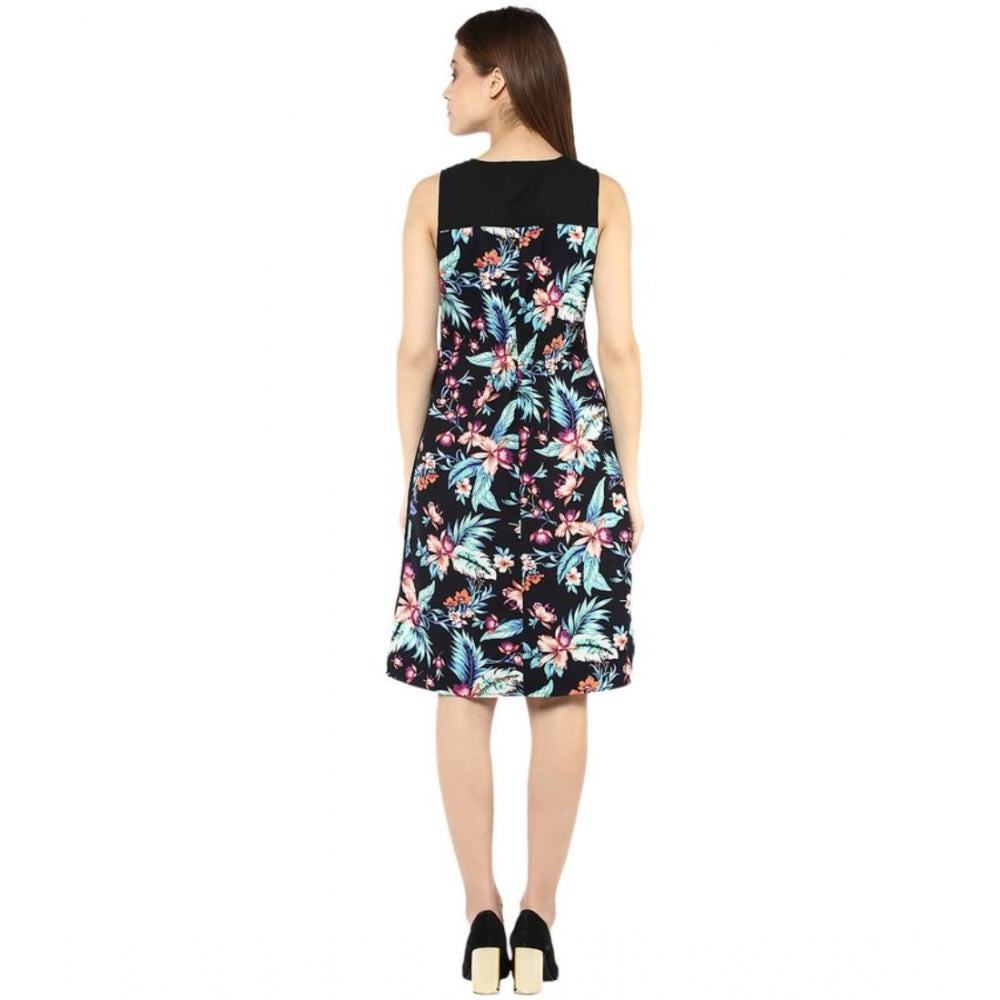 HD Women's Polyester Printed Sleeveless Above Knee Dress (Black - Multicolor)