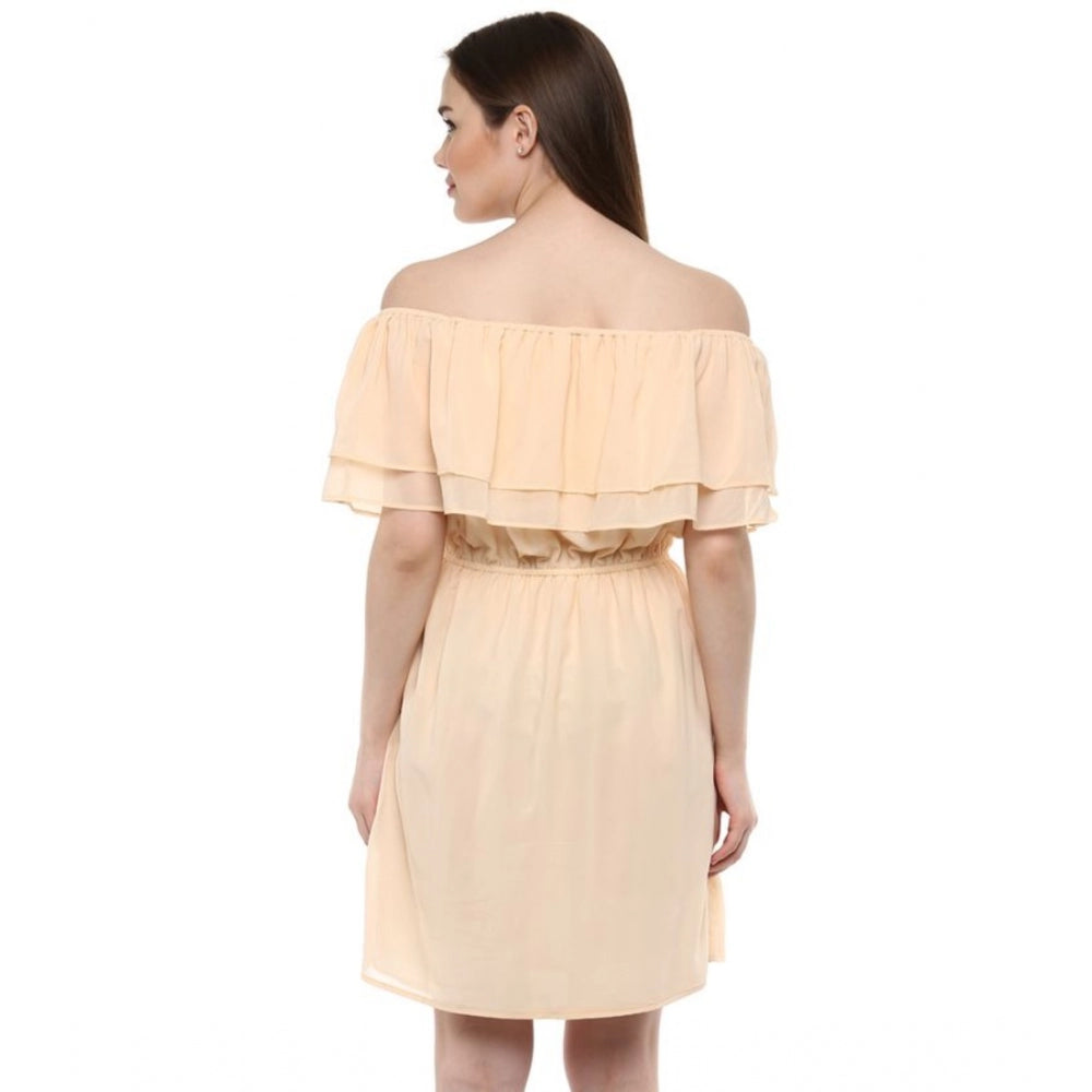 HD Women's Polyester Solid Sleeveless Knee-Length Dress (Beige)