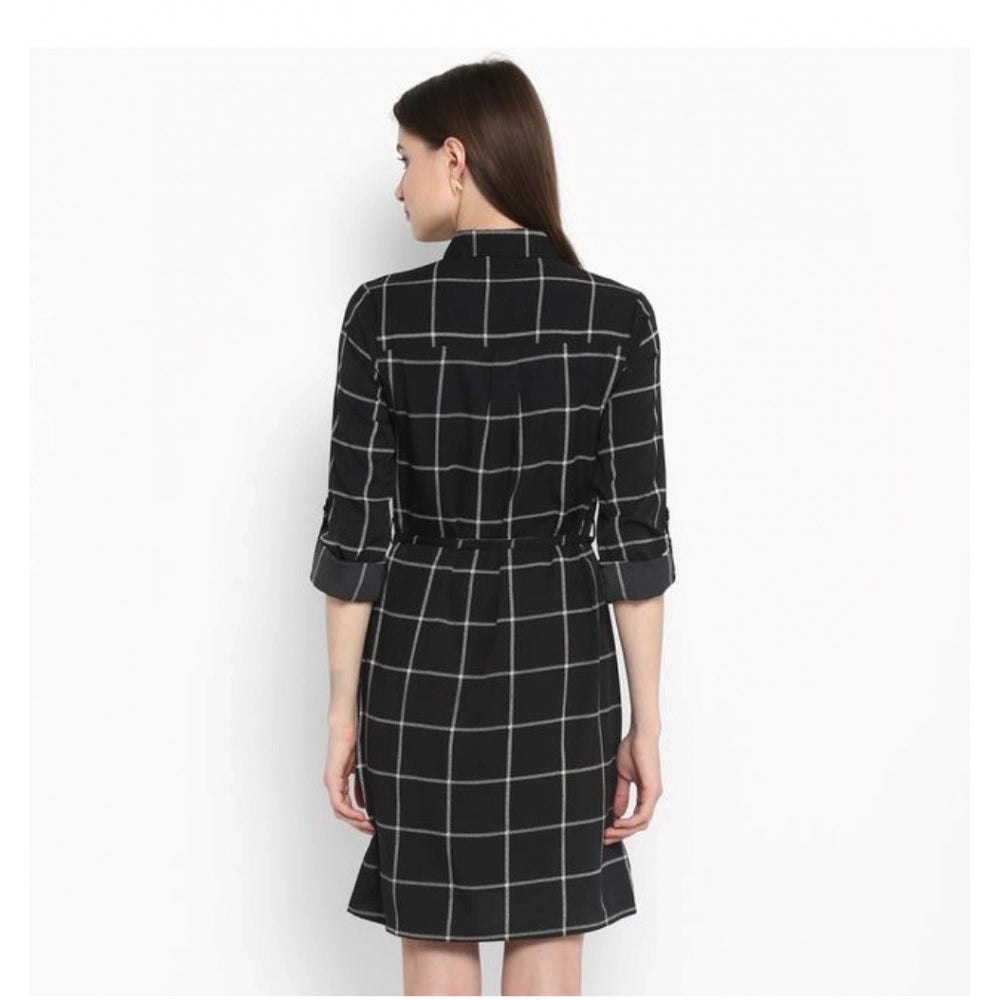 HD Women's Polyester Checkered Roll Up Sleeve Above Knee Dress (Black - White)