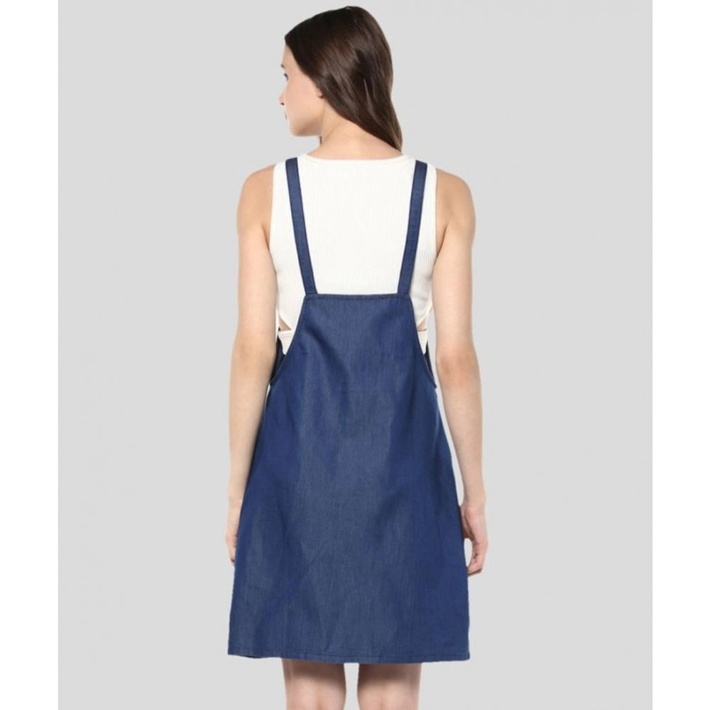 HD Women's Denim Solid Shoulder Straps Above Knee Dress (Blue)
