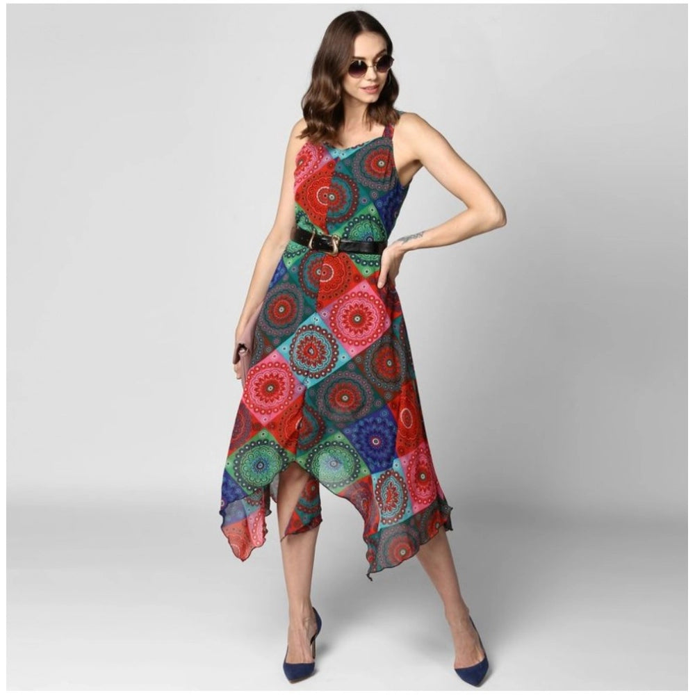 HD Women's Polyester Asymmetrical Shoulder Straps Knee-Length Dress (Multicolor)