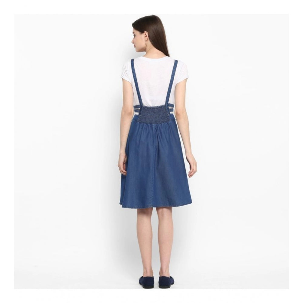 HD Women's Denim Solid Shoulder Straps Below Knee Dress (Blue)