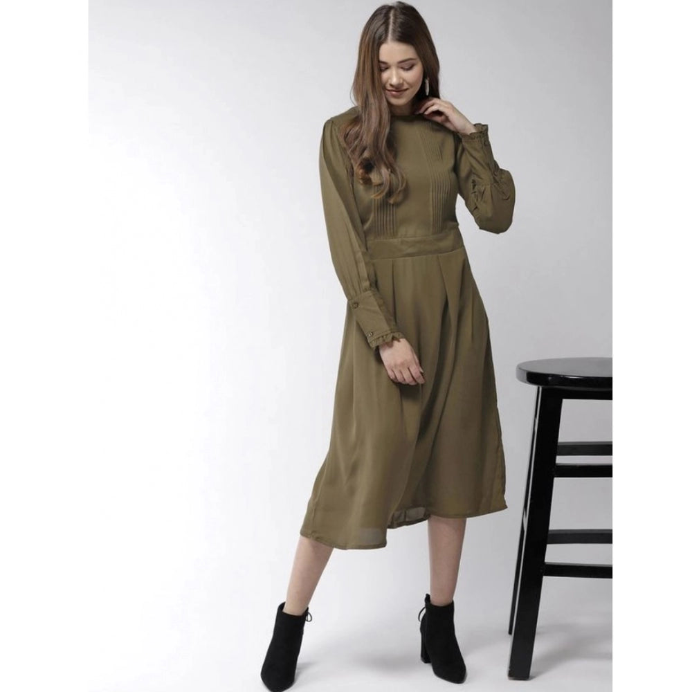 HD Women's Polyester Pintuck Long Sleeves Below Knee Dress (Olive)