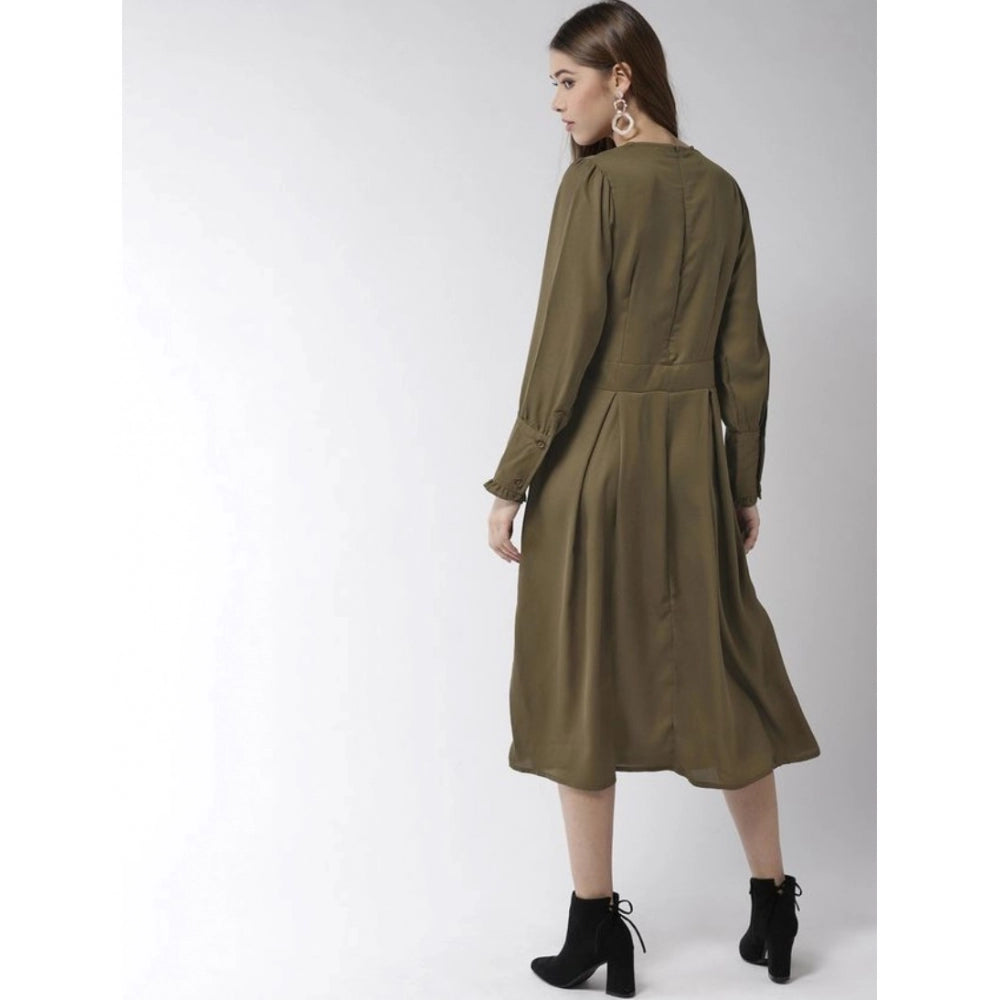 HD Women's Polyester Pintuck Long Sleeves Below Knee Dress (Olive)