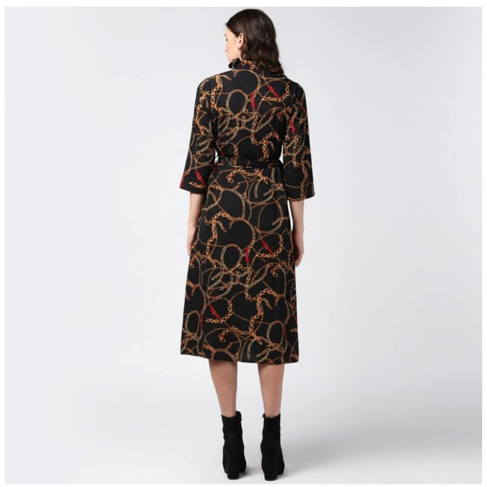 HD Women's Polyester Chain Print Roll Up Sleeve Below Knee Dress (Black - Yellow)