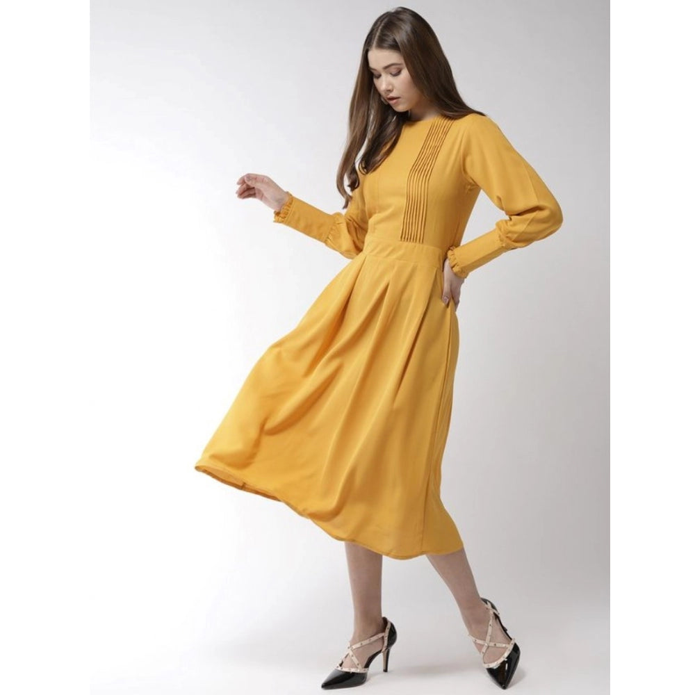 HD Women's Polyester Pintuck Long Sleeves Below Knee Dress (Yellow)