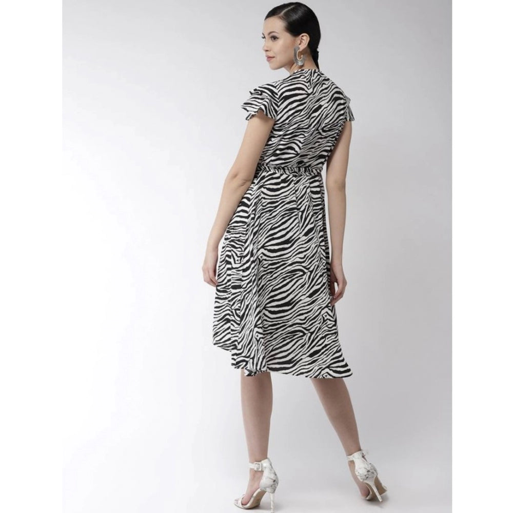 HD Women's Polyester Animal Print Short Sleeve Knee-Length Dress (Black - White)