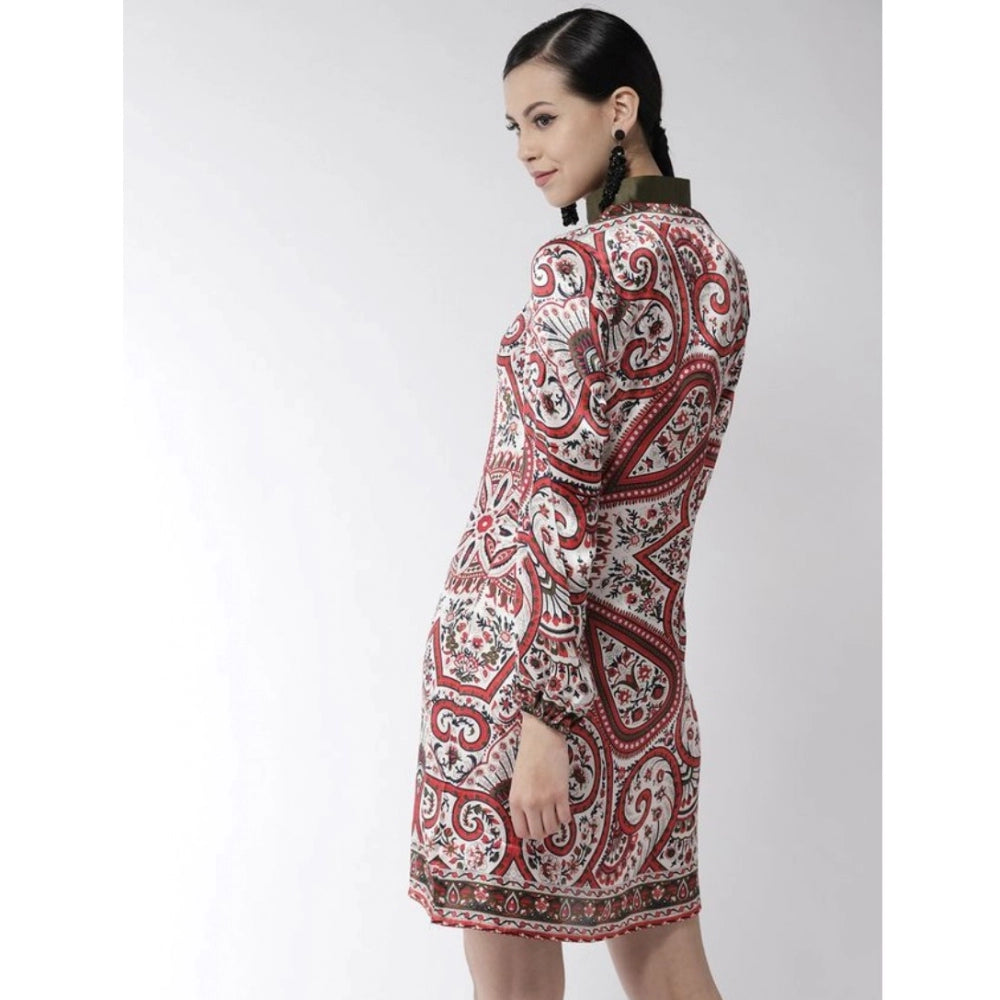 HD Women's Polyester Printed Long Sleeves Above Knee Dress (Red)