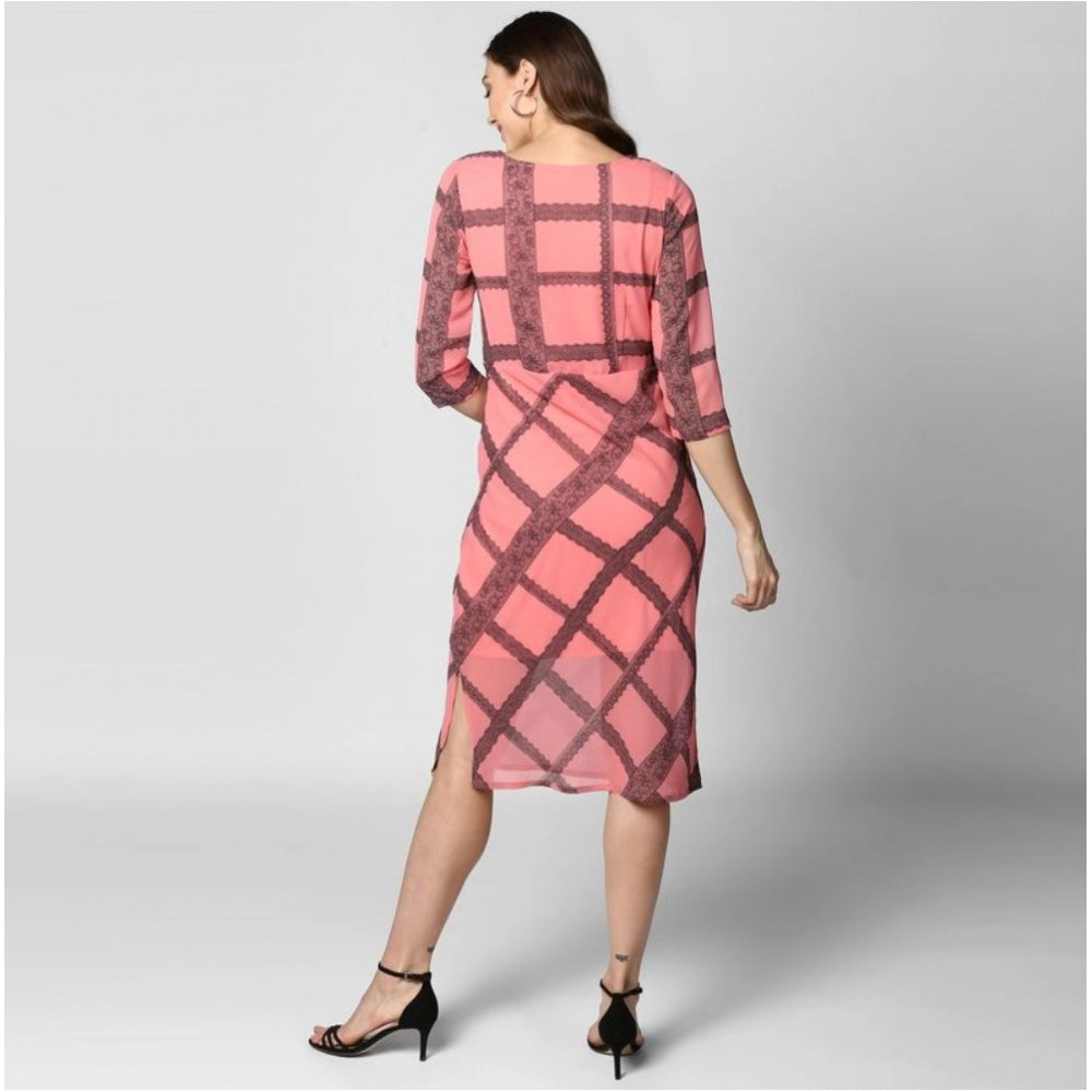 HD Women's Polyester Checkered 3-4th Sleeves Below Knee Dress (Pink - Black)