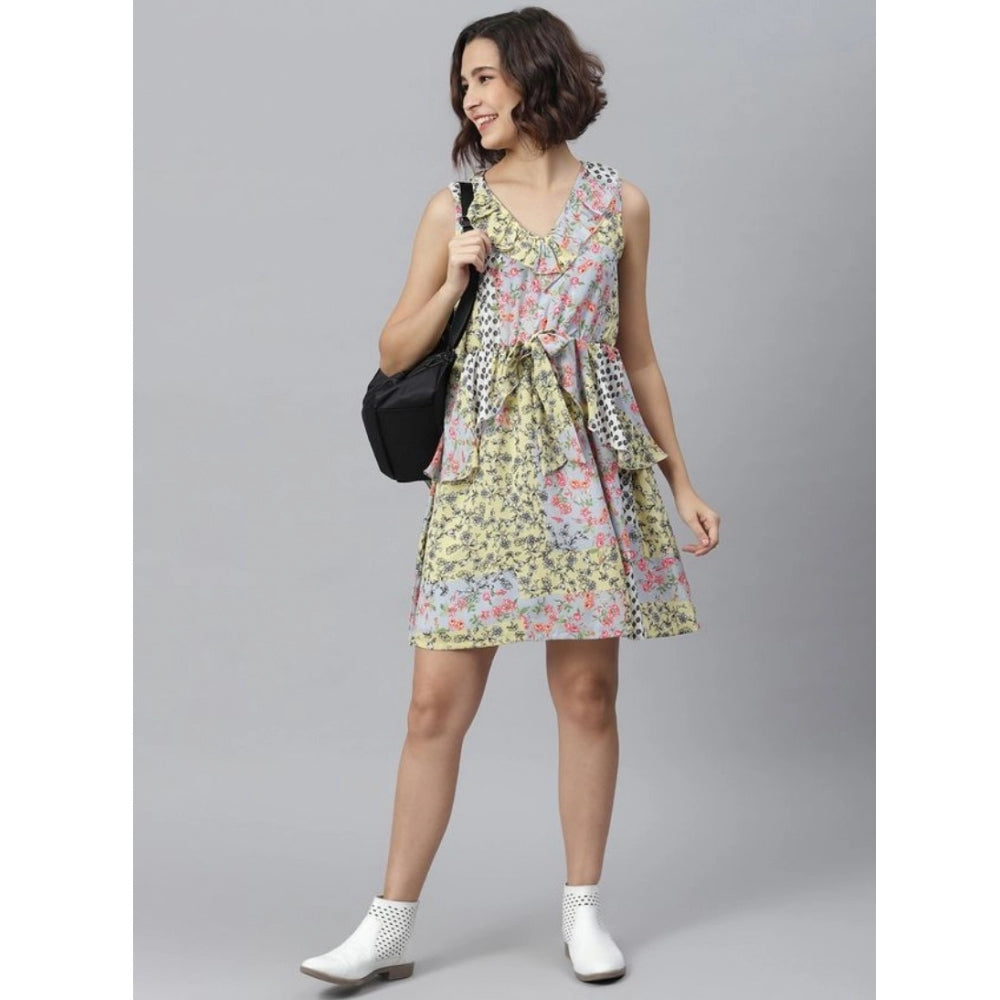 HD Women's Polyester Peplum Sleeveless Above Knee Dress (Multicolor)