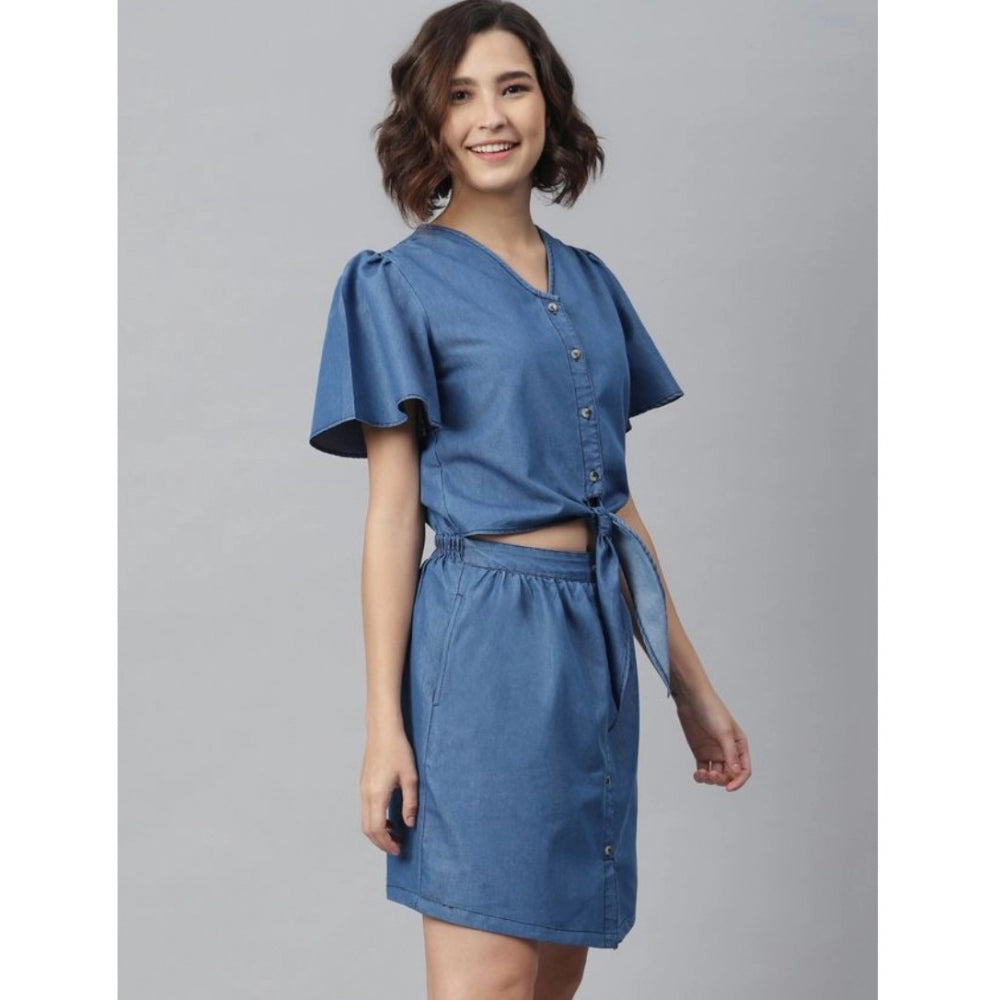HD Women's Denim Solid Flutter Above Knee Dress (Blue)