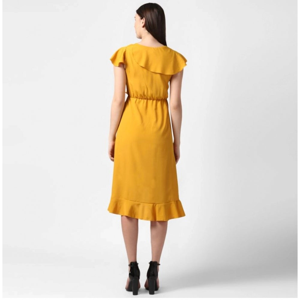HD Women's Polyester Ruffled Cap Sleeve Knee-Length Dress (Yellow)