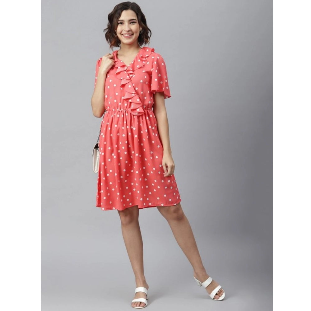 HD Women's Polyester Polka Flutter Above Knee Dress (Coral)