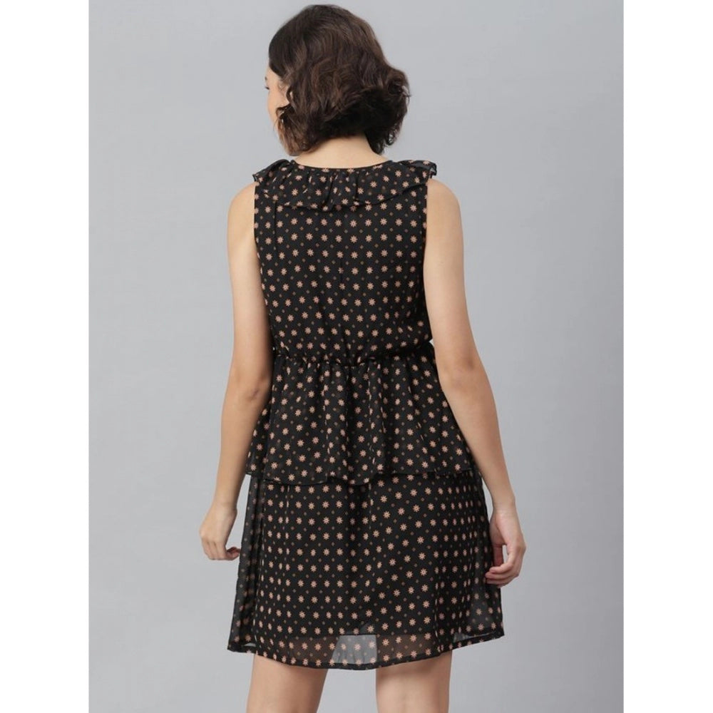 HD Women's Polyester Peplum Sleeveless Above Knee Dress (Black)