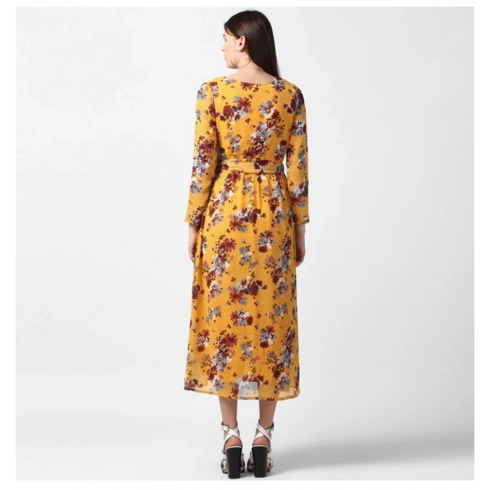 HD Women's Polyester Floral Long Sleeves Calf-length Dress (Yellow)