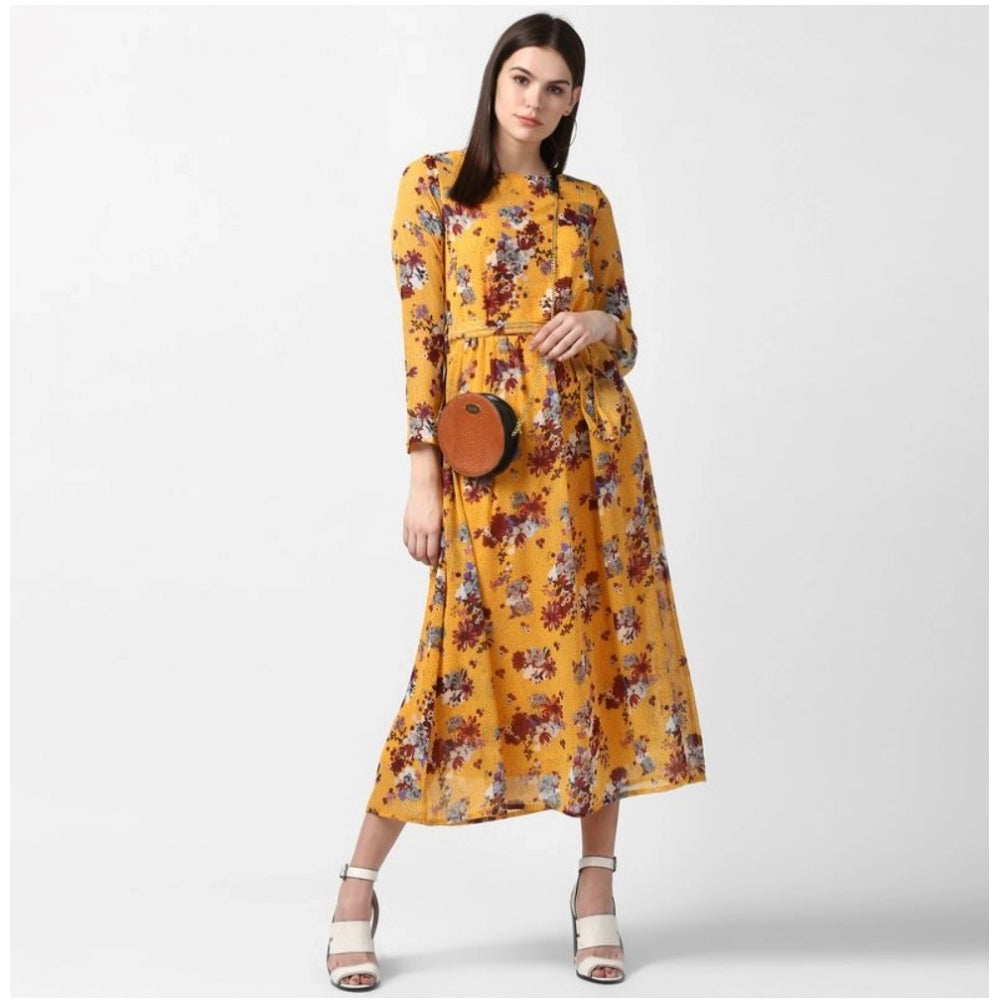 HD Women's Polyester Floral Long Sleeves Calf-length Dress (Yellow)