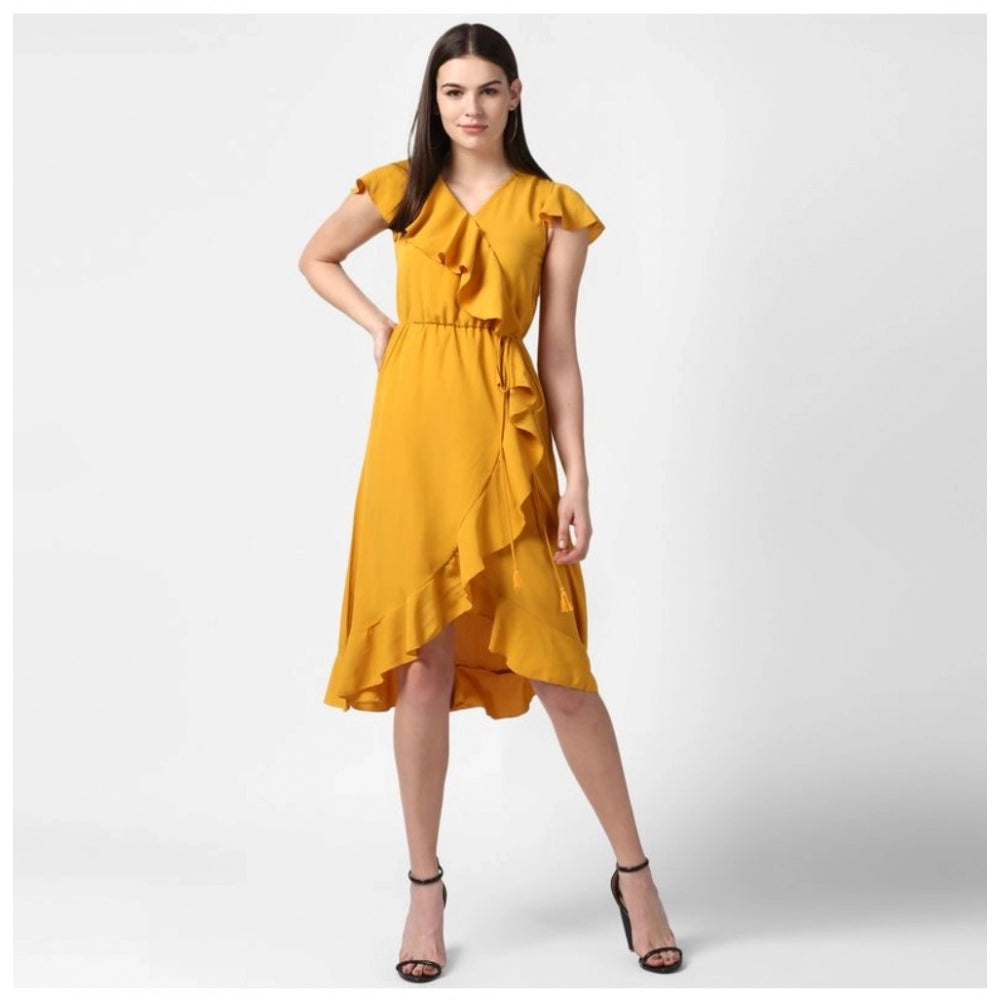 HD Women's Polyester Ruffled Cap Sleeve Knee-Length Dress (Yellow)