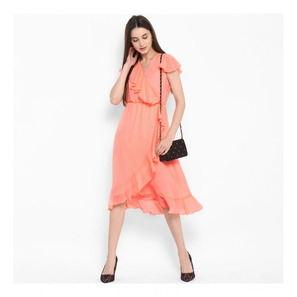 HD Women's Polyester Ruffled Cap Sleeve Below Knee Dress (Neon Pink)