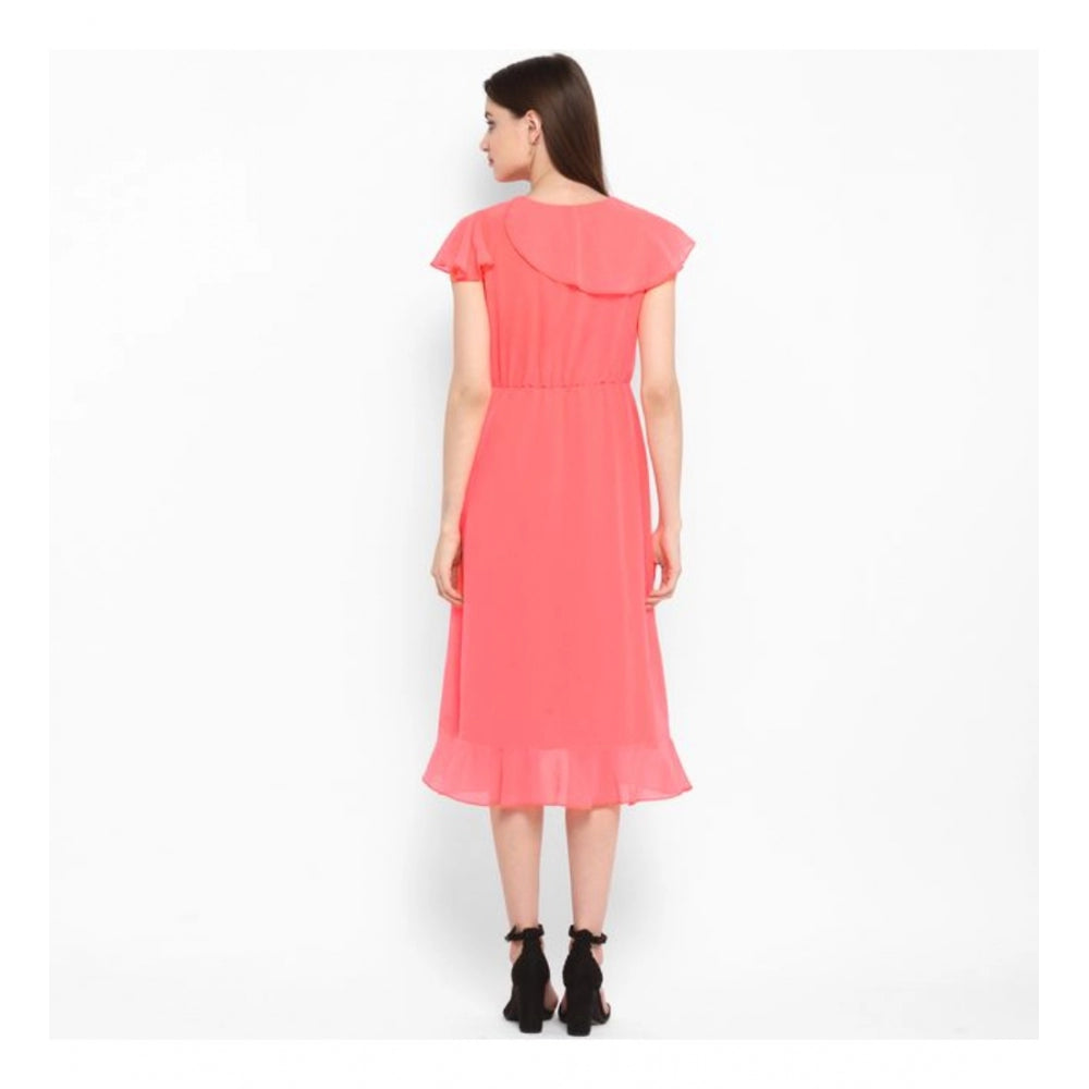 HD Women's Polyester Ruffled Cap Sleeve Below Knee Dress (Coral Pink)