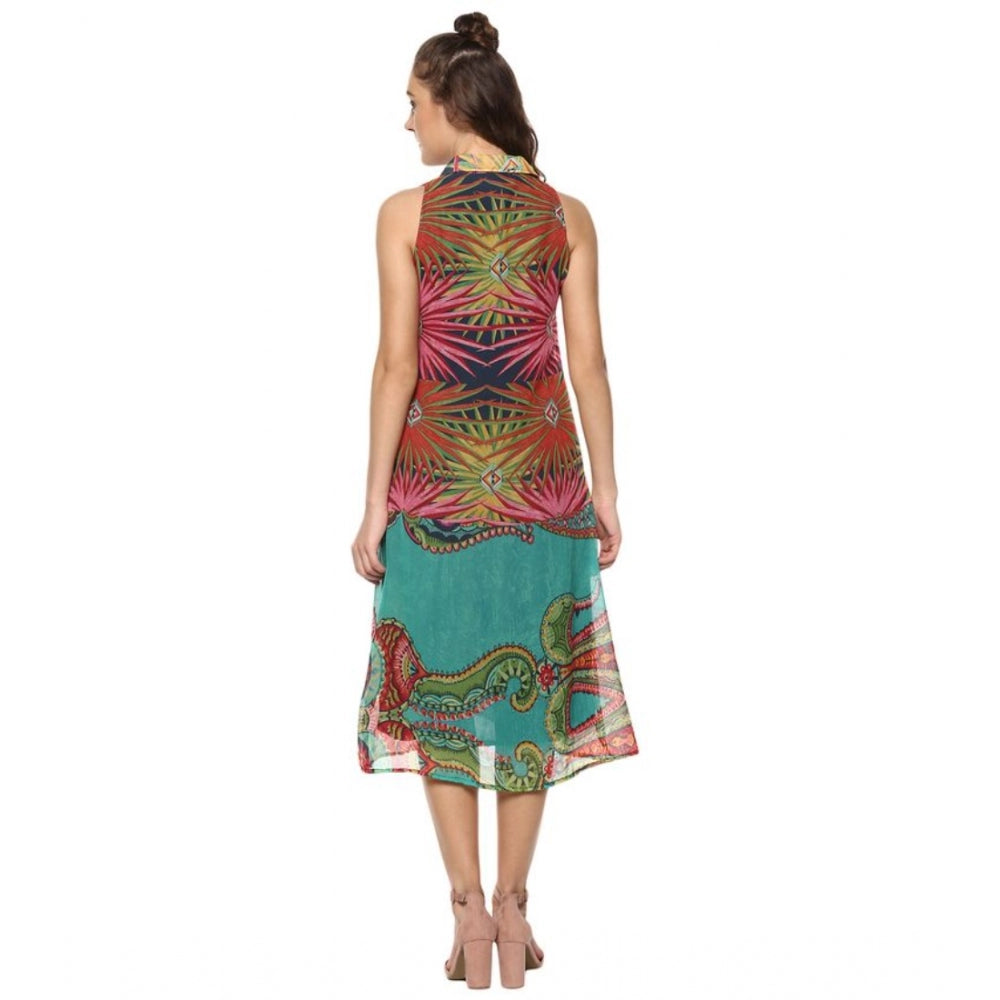 HD Women's Polyester Floral Sleeveless Below Knee Dress (Multicolor)