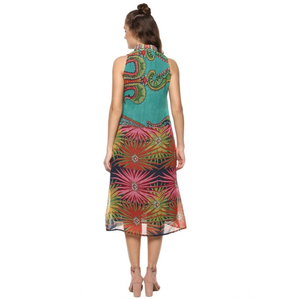 HD Women's Polyester Floral Sleeveless Below Knee Dress (Multicolor)