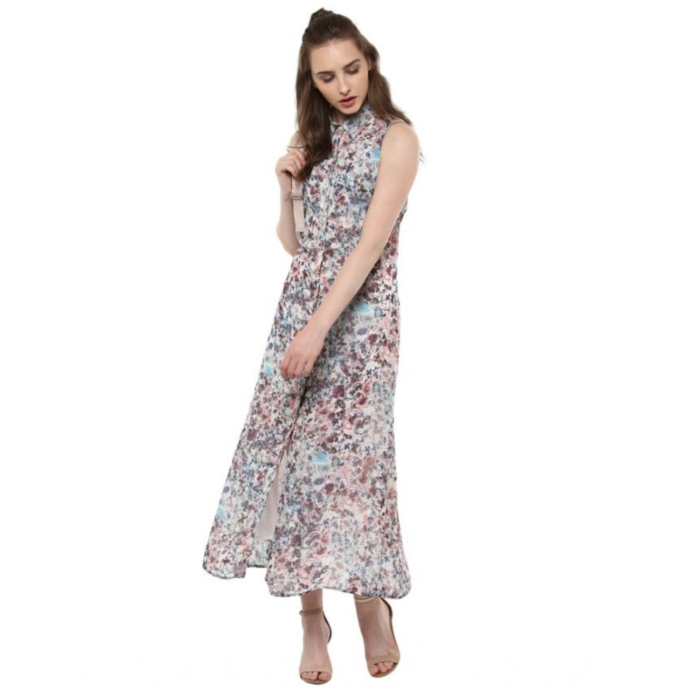 HD Women's Polyester Chiffon Printed Sleeveless Dress (Multicolor)
