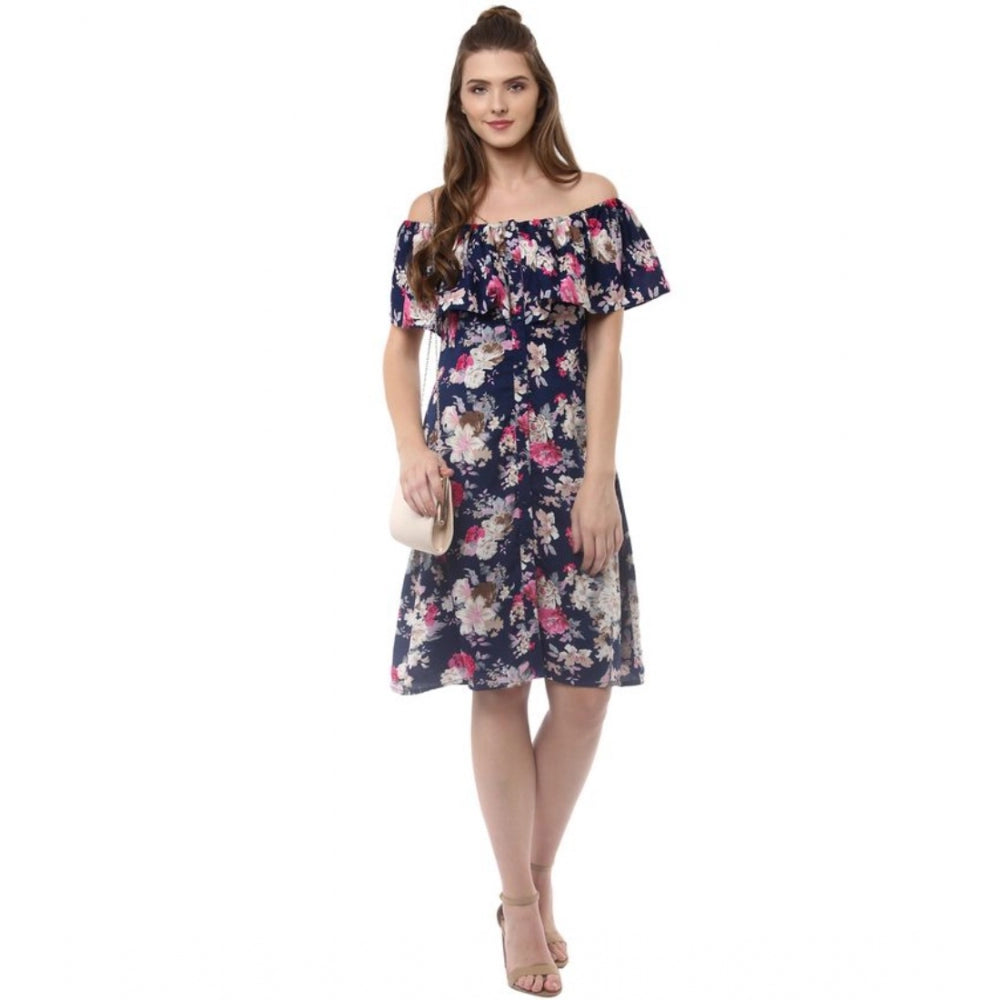 HD Women's Polyester Crepe Floral Half Sleeve Above Knee Dress (Navy Blue)