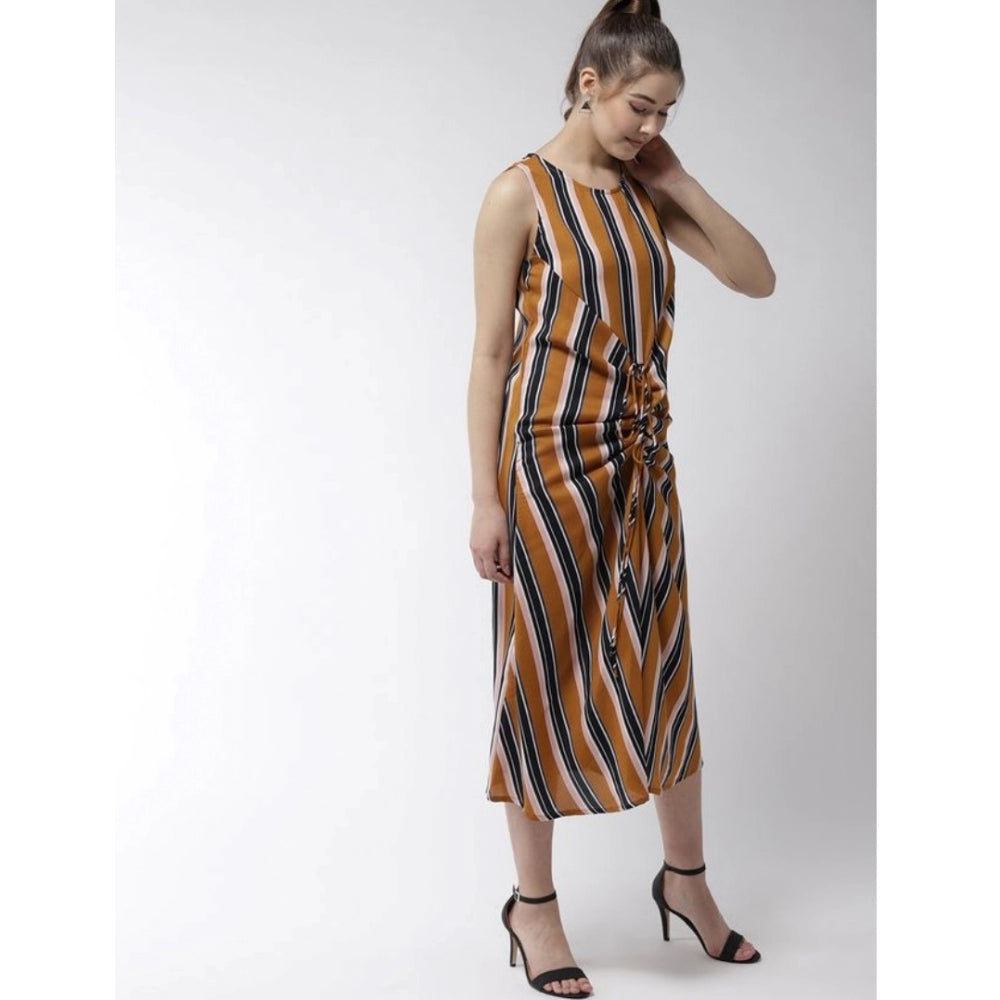 HD Women's Polyester Striped Sleeveless Below Knee Dress (Mustard)
