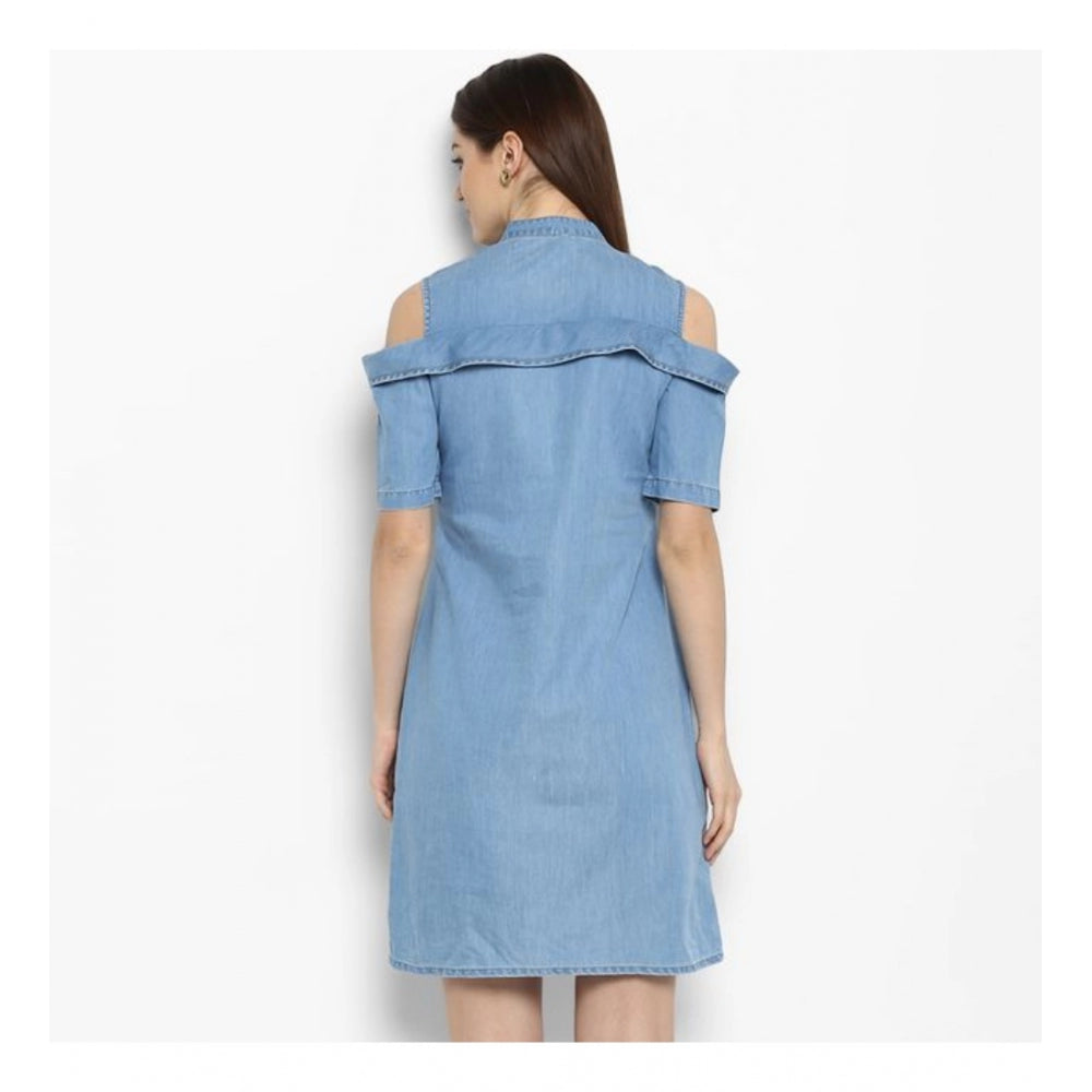 HD Women's Denim Solid Cold Shoulder Above Knee Dress (Blue)
