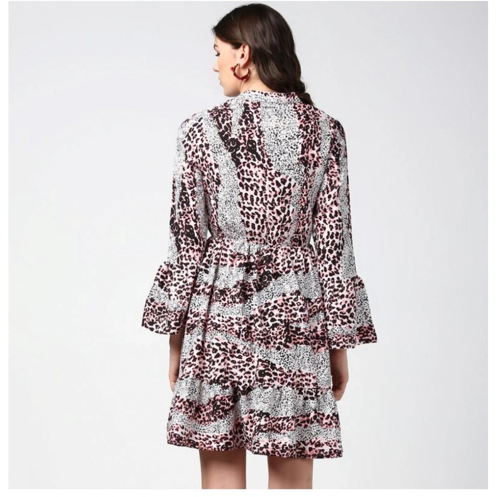 HD Women's Polyester Animal Print Bell Sleeve Above Knee Dress (Pink - Black)