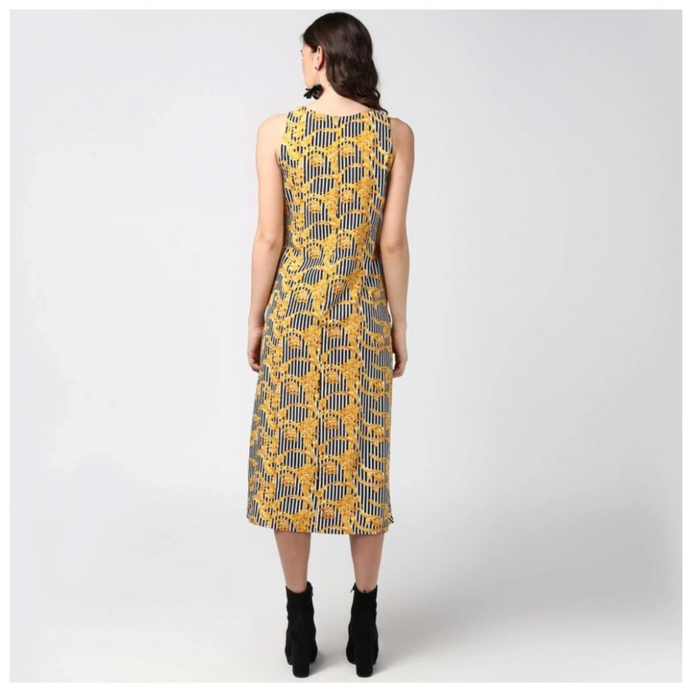 HD Women's Polyester Chain Print Sleeveless Below Knee Dress (Yellow - Black)