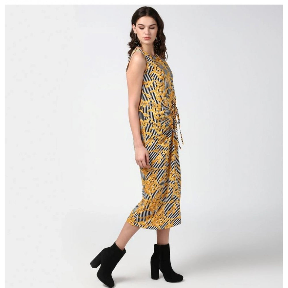 HD Women's Polyester Chain Print Sleeveless Below Knee Dress (Yellow - Black)