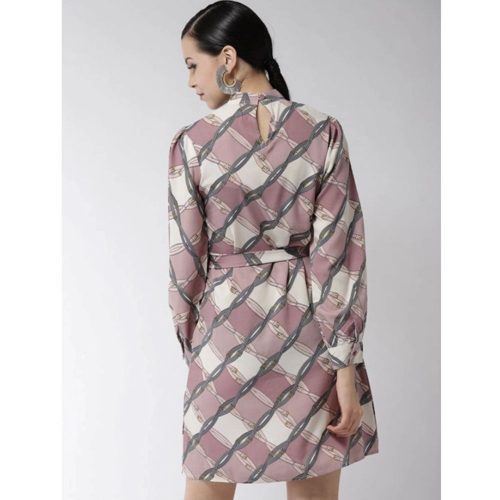 HD Women's Polyester Checkered Long Sleeves Above Knee Dress (Off White - Lavender)