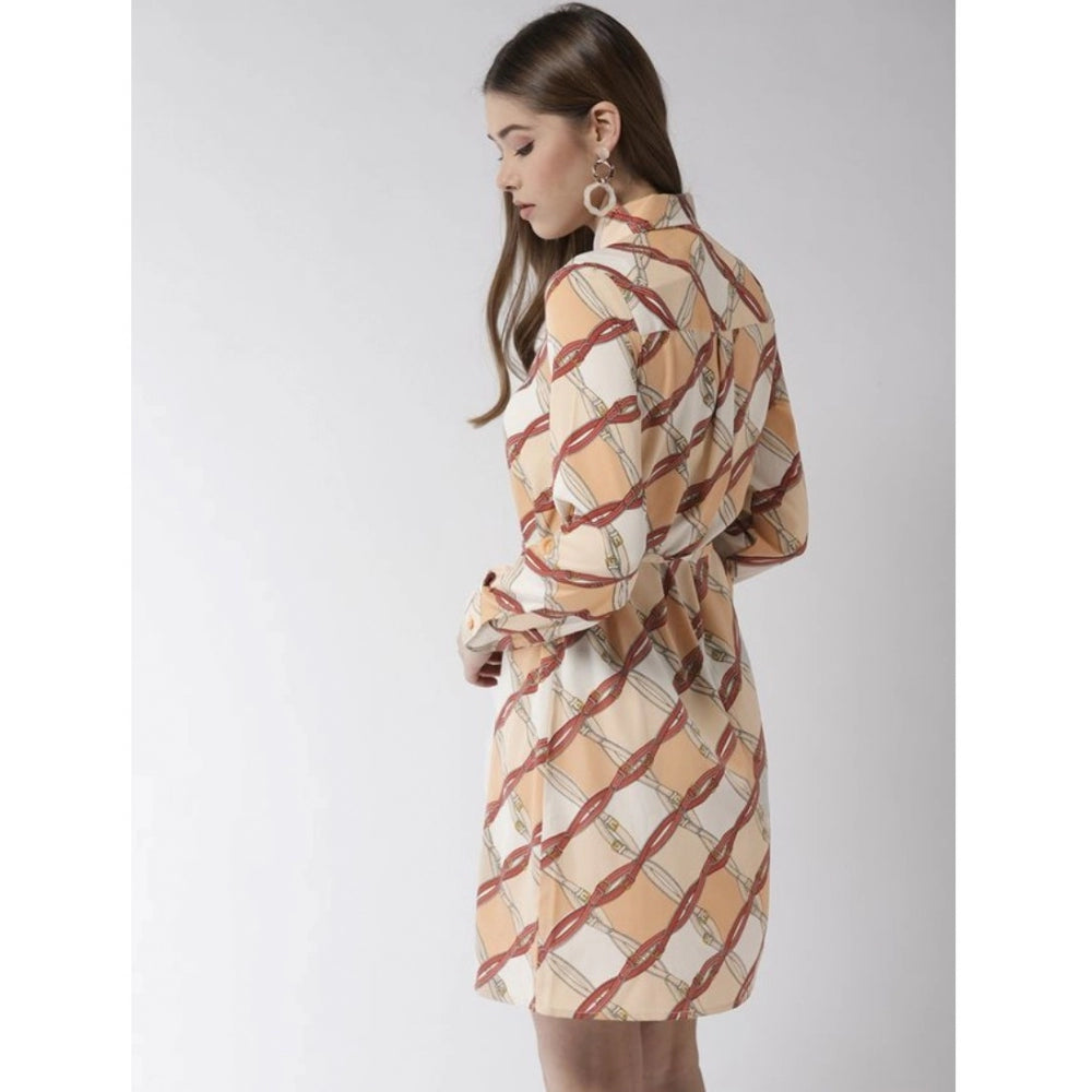 HD Women's Polyester Printed Roll Up Sleeve Above Knee Dress (Off White - Brown)