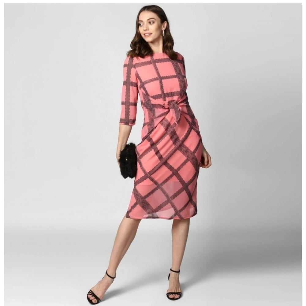 HD Women's Polyester Checkered 3-4th Sleeves Below Knee Dress (Pink - Black)