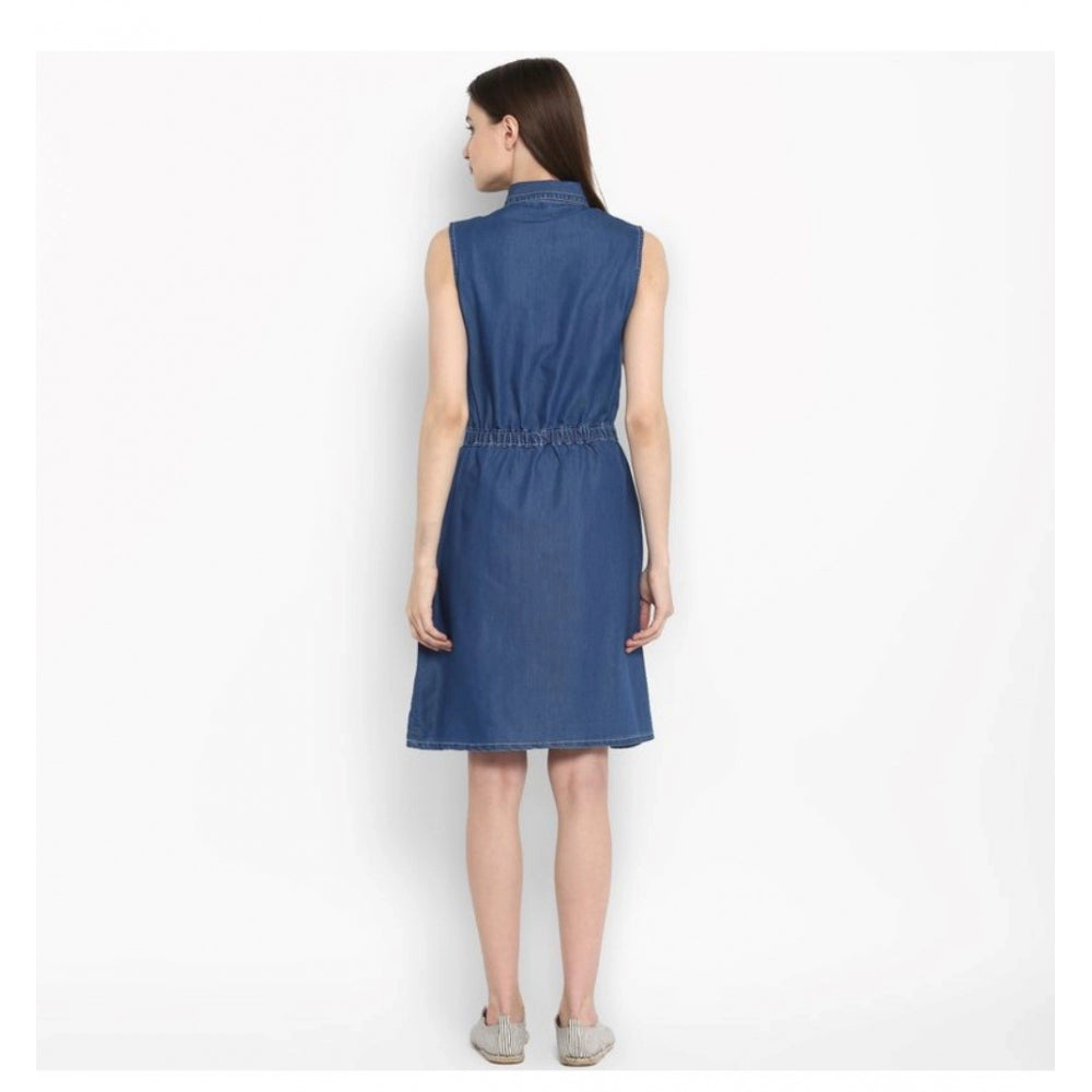 HD Women's Denim Solid Sleeveless Above Knee Dress (Blue)